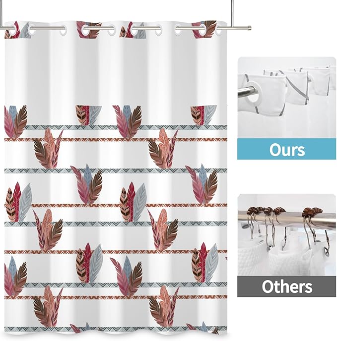 No Hooks Boho Tribal Shower Curtain with Snap in Liner Feathers Bohemian Shower Curtains for Bathroom Decorative Geometric Stripes Aesthetic Fabric Waterproof Inner Liner 71x74 Inch