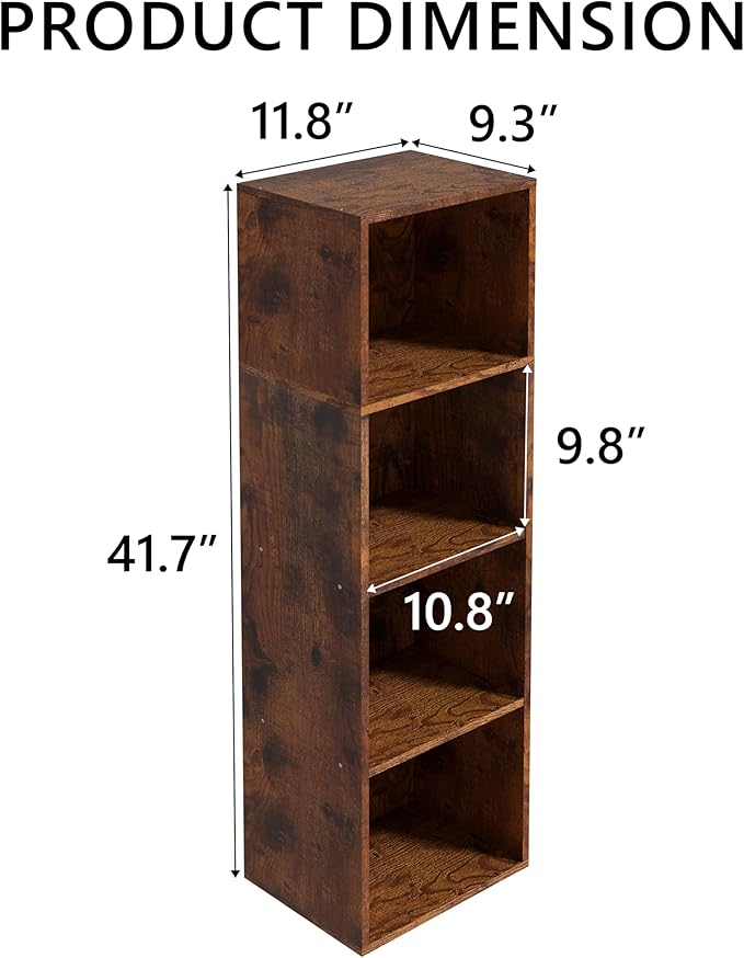 Wooden 4 Cube Storage Organizer, 4 Tier Storage Cubes Storage Display Cubby, Freestanding DIY Closet Shelving Unit for Living Room Bedroom Office(Retro Brown, 4 Cube-W(11.8inch)