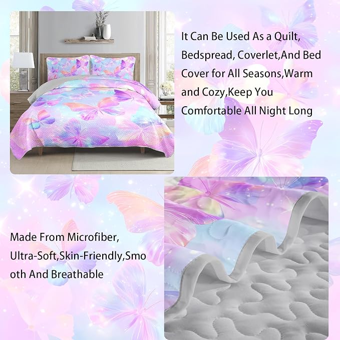 AILONEN Vibrant Butterfly Pattern King Quilt Set 3 Piece, Romantic Floral Bedspread Coverlet with 2 Pillow Shams, Luxury Decorative Bedding for Home Upgrade