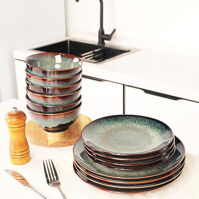 Dinner Set 12 Pieces - Round Reactive Glaze Tableware - Kitchen Dinnerware Porcelain Crockery with Dinner Plate, Bowl and Soup Plate Service for 4, Microwave Dishwasher Safe, Set (No.2)