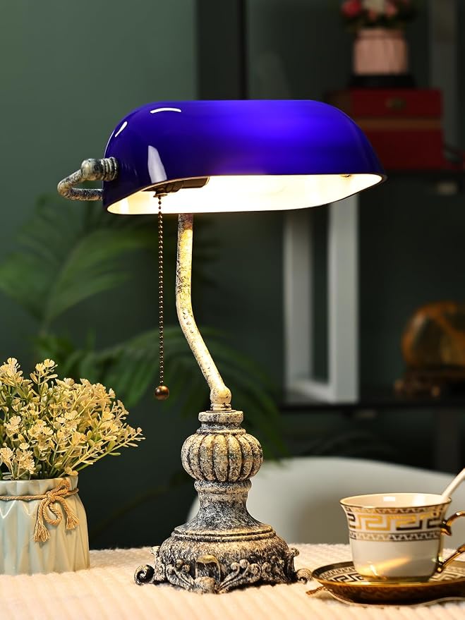 Retro Blue Glass Bankers Desk Lamp for Home Office,Library with Pull Chain Switch Plug in Fixture, LED Bulb Included