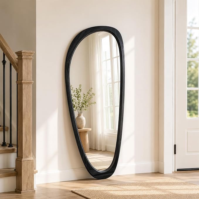 48" x 22" Asymmetrical Wall Mirror with Black Wood Frame, Irregular Decorative Mirror for Living Room Entryway Bedroom, Large Wall Mirror, HD Tempered Glass, Horizontal or Vertical Hanging