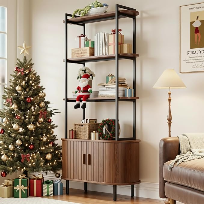 4 Tier Tall Bookshelf with Cabinet, Fluted Bookcase with Sliding Door, Metal and Wood Display Shelf, Free Standing Storage Shelving Unit, Corner Storage Organizer for Living Room, Home Office, Walnut