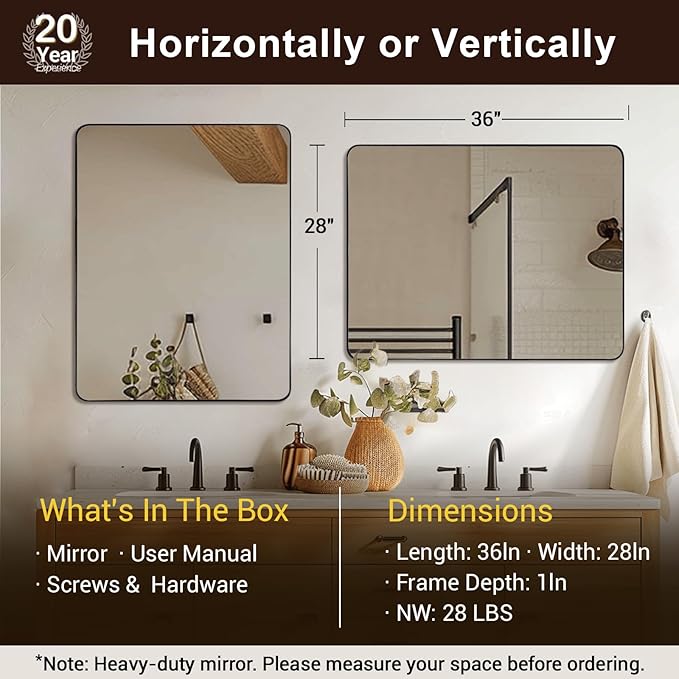ANDY STAR Black Bathroom Mirrors for Over Sink, 28x36 Inch Matte Black Mirror for Bathroom, Rectangle Metal Vanity Mirror for Wall-Modern Clean Design with Superior Stainless Steel Frame