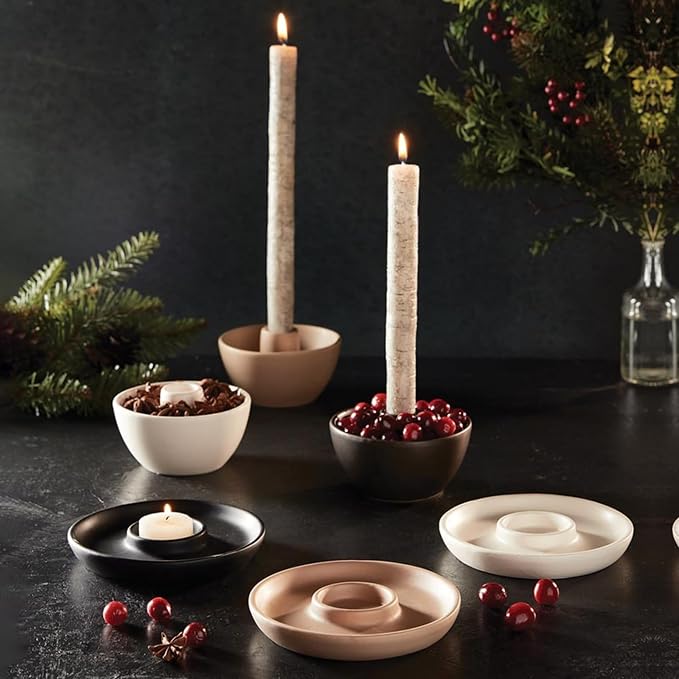 47th & Main Taper Candle Holders for Candlesticks, Ceramic Modern Decorative Candle Holder for Dining Table Centerpiece, 4" Diameter x 2.25" Tall, Tan