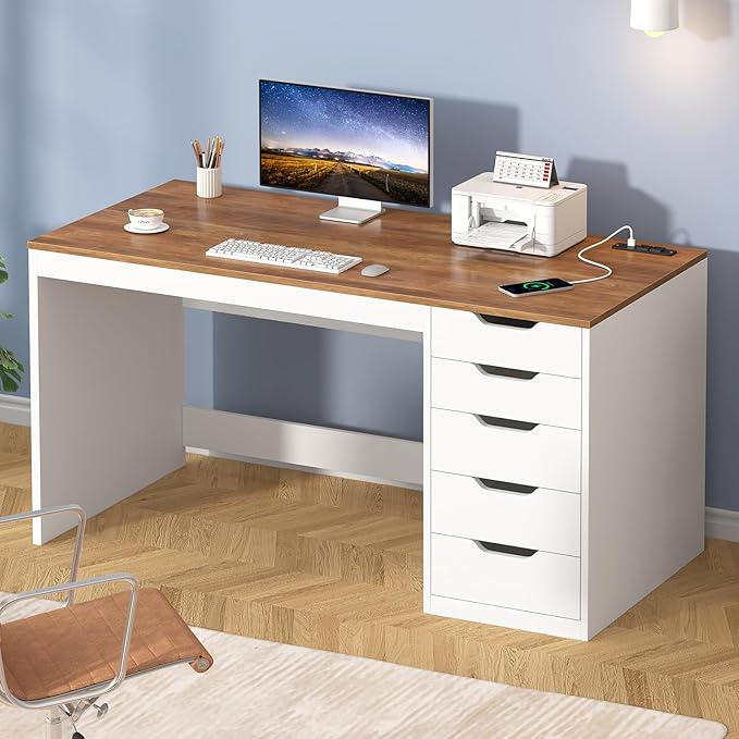 YOMILUVE 47 Inch Computer Desk with 5 Drawers and Power Outlets, Home Office Desks with Storage File Cabinet, Modern Simple Laptop Desk Writing Table for Small Spaces, Brown and White