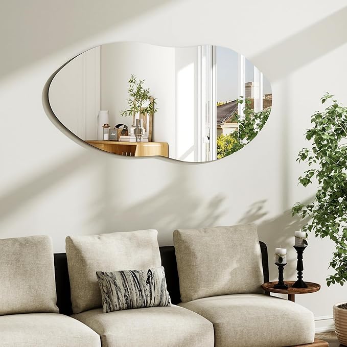 Irregular Wall Mirror, 38 x 22 Inch Asymmetrical Frameless Mirror for Bathroom, Living Room, Bedroom, Modern Abstract Vanity Mirror with Shatter-Proof Glass