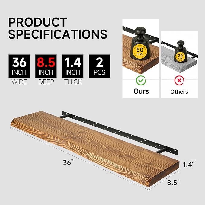 36 Inch Wooden Floating Shelves for Wall Set of 2, Finnish Spruce Solid Wood Shelf, Natural Wood Floating Shelves for Living Room, Bathroom, Bedroom, Kitchen, Brown Finish