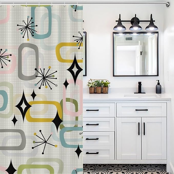 Vintage Mid Century Shower Curtains Retro Geometric Atom Square Pattern Design Washable Waterproof Fabric for Bathroom Decor Bathtub with 12 Hooks 72x72in (183x183cm)