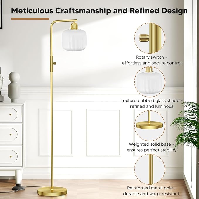 Glass Floor Lamp for Living Room, Modern Standing Lamp with White Glass Lampshade & Brushed Gold, Stepless Dimmable and Rotary Switch, 66” Tall Lamp & Gold Floor Lamp for Bedroom Study Room