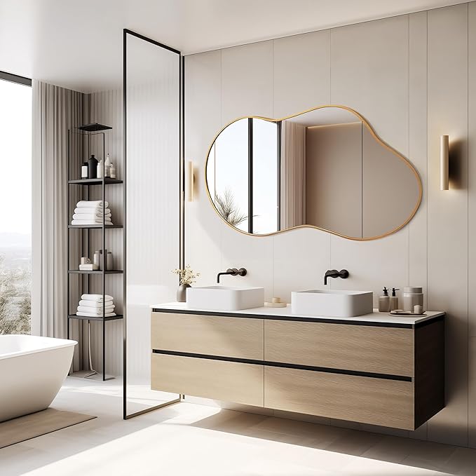 Bathroom Mirror - Gold Irregular Wall Mirrors Decorative 26"x46" Asymmetrical Tempered Glass Aviation Aluminum Alloy Frame for Vanity, Bedroom, Living Room, Cloakroom, Entryway