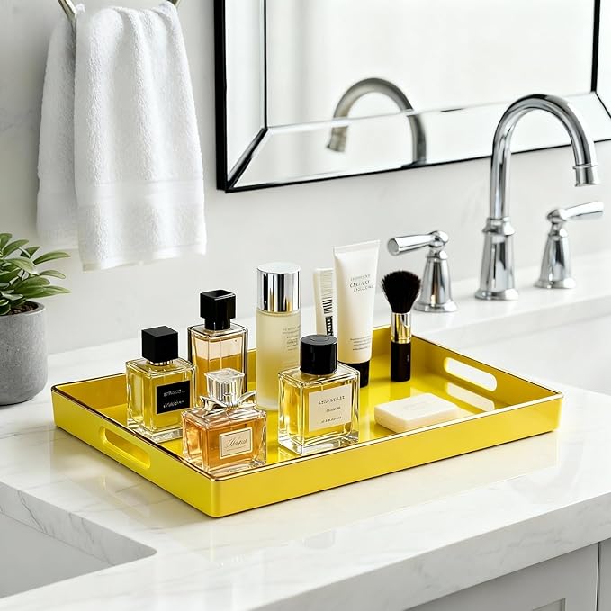 Decorative Plastic Serving Tray with Handles, Modern Vanity Organizer for Bathroom, Kitchen, Ottoman and Coffee Table (Yellow, Rectangular)