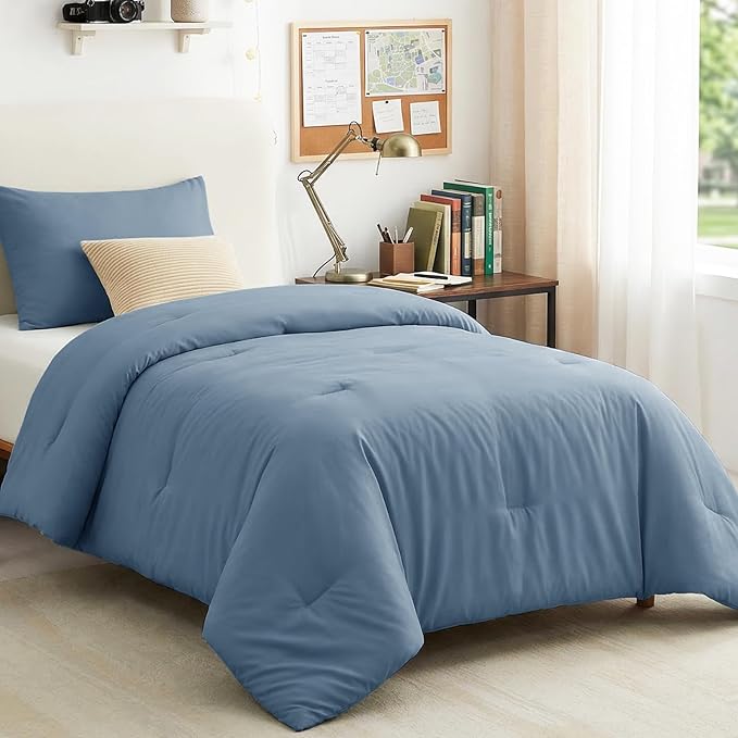 CozyLux Twin Comforter Set College Dorm Essentials, 2 Pieces Grayish Blue Twin Extra Long Solid Bedding Set, Dusty Blue Bed Set with Down Alternative Comforter and 1 Pillowcase, Back to School Gift