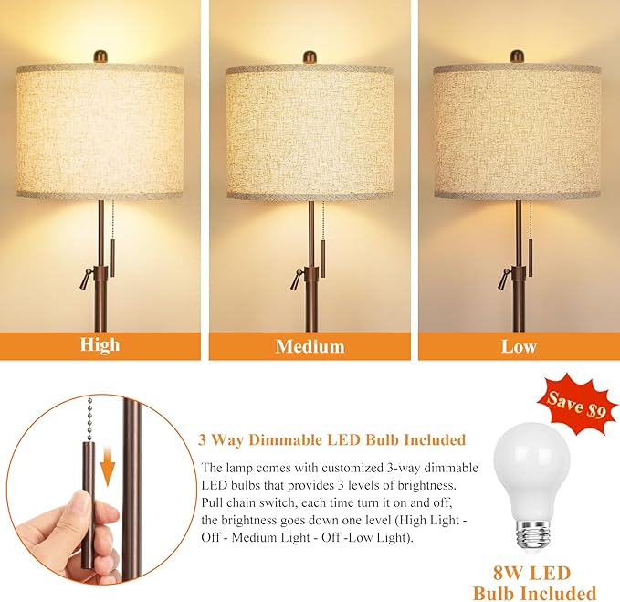 Qingmiao Metal Brown Floor Lamp for Living Room, Adjustable Height Standing Lamp, Pole Light for Bedroom, with Linen Shade and Metal Base, Pull Chain Switch, 3-Way 8W LED Bulb Included