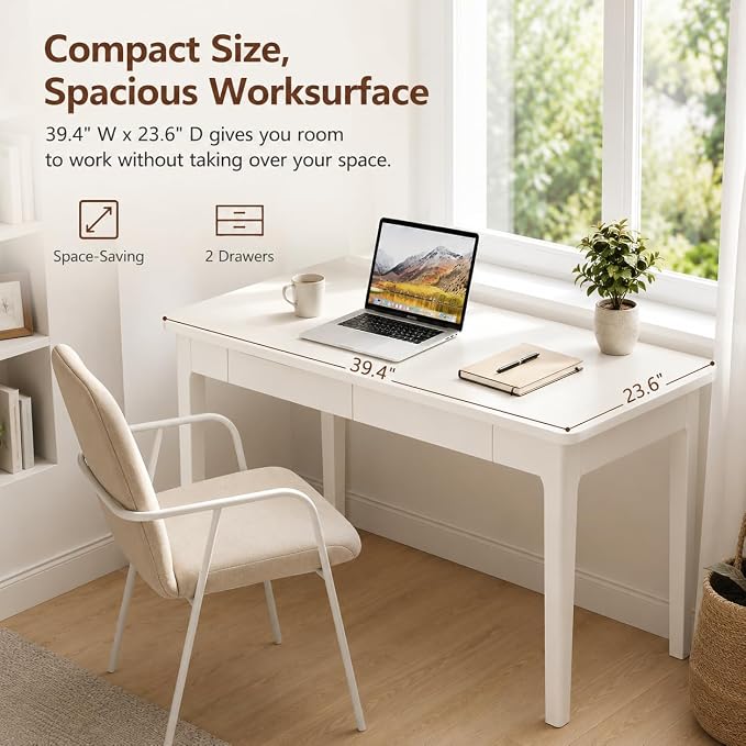 Mid Century Modern Desk with Drawers,39.4 inch Solid Wood White Writing Desk for Home Office Bedroom,Small Computer Desk for Spaces Easy Assembly