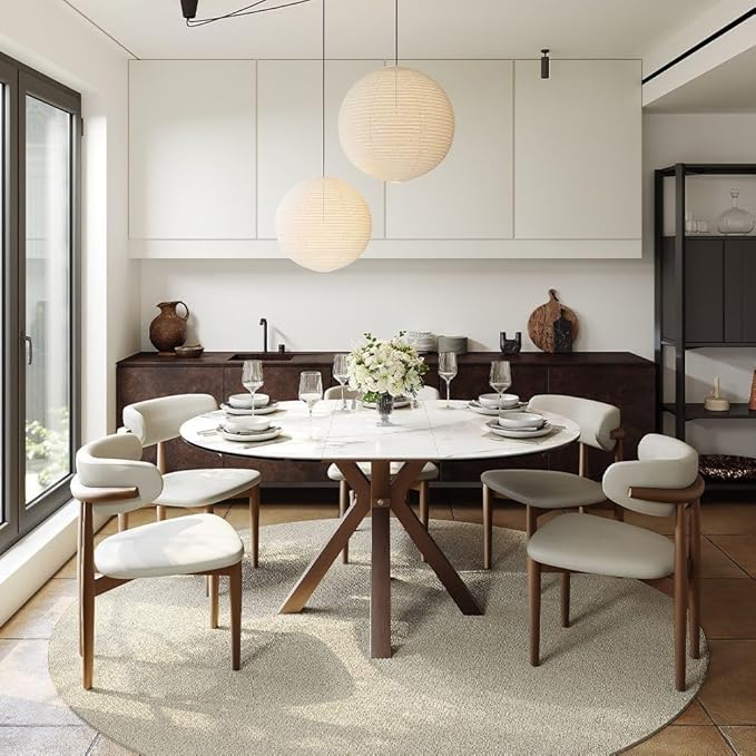 POVISON Modern Extendable Dining Table, 47" to 63" Round to Oval Sintered Stone Kitchen Table with Carbon Steel Pedestal Base for 4-6, White with Bronze(Table Only