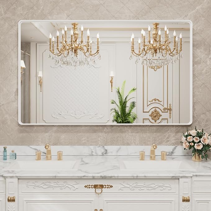 LOAAO 60x28 Inch White Metal Framed Bathroom Mirror for Wall, White Bathroom Vanity Mirror Farmhouse, Large Rounded Rectangle Mirror, Anti-Rust, Tempered Glass, Hangs Horizontally or Vertically