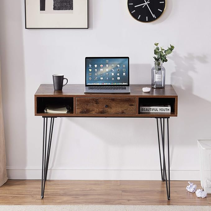 VECELO 39.3" Home Office Work Table with Drawers,Computer Desk with Hairpin Leg for Writing/Study,Retro Brown