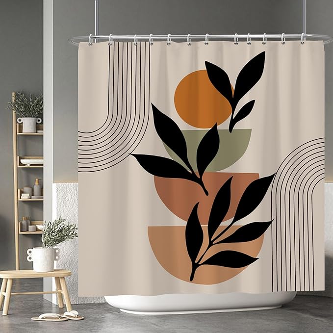 Baocicoo Boho Mid Century Shower Curtain Set Modern Minimalistic Leaves Shower Curtain for Bathroom Dormitory Bathtub Decor Durable Fabric Waterproof Curtain for Bathroom with Hooks 72x72 Inches