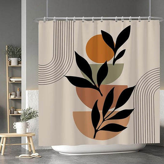 Baocicoo Boho Mid Century Shower Curtain Set Modern Minimalistic Leaves Shower Curtain for Bathroom Dormitory Bathtub Decor Durable Fabric Waterproof Curtain for Bathroom with Hooks 72x72 Inches