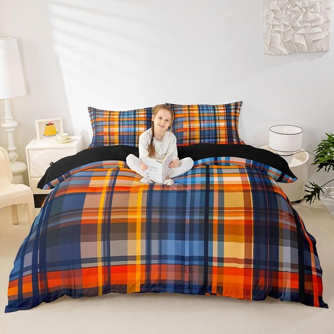 Erosebridal Boys Girls Plaid Comforter Cover Full Orange Blue Checkered Duvet Cover for Kids Teens Buffalo Grid Stripes Geometric Bedding Set Rustic Farmhouse Style Bed Set with Zipper