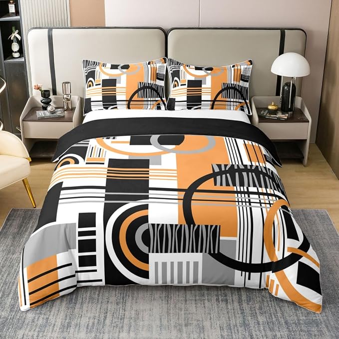 Erosebridal Art Deco Mid Century Duvet Cover Set Retro Modern Abstract Geometric 100% Cotton Comforter Cover Black and White Yellow Circles Stripes Queen Bedding Sets, Contemporary Bed Sets