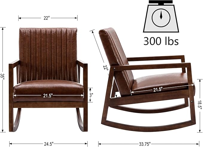 VESCASA Upholstered Rocking Chairs with Channel-Tufted Back, Mid-Century Modern Comfy Oil Wax PU Leather Rockers with Black Walnut Wood Frame for Nursery Living Bedroom Indoor, Set of 2, Brown