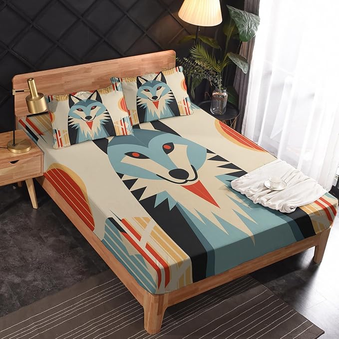 Geometric Wolf Sheets Twin XL Size, Mid Century Modern Bed Sheet Set, Abstract Wildlife Bedding Sheet Sets 3 Piece, Soft Microfiber Deep Pocket Fitted Sheet & Flat Sheet & 1 Pillowcase