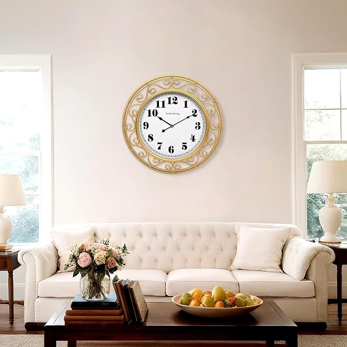 SwallowLiving 24 Inch Vintage Iron Large Metal Frame Gold Wall Clock Silent, Battery Operated, Elegant Retro Decor for Living Room, Kitchen, Office, Dining Room, and Bedroom