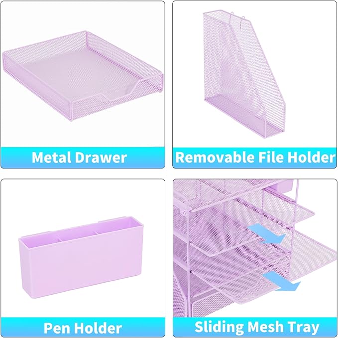 Desk Organizers and Accessories, 5-Tier Paper Letter Tray Organizer with File Holder, Drawer & Pen Holder, Office Desk Accessories, Desktop Organizer for Classroom Office Supplies, Purple
