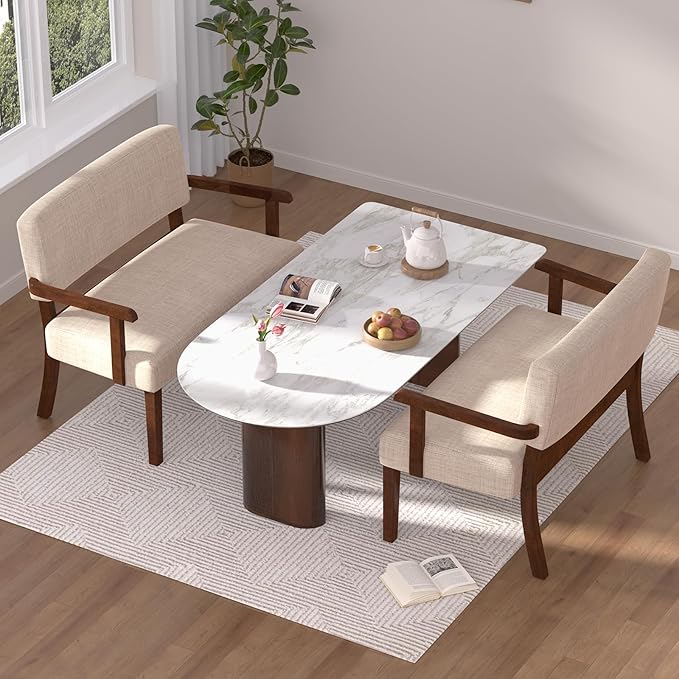 Accent Chair 2 Seat, Upholstered Reading Leisure Chair, Bench with Solid Wood Frame for Dining, Reading,Waiting Rooms (Beige)