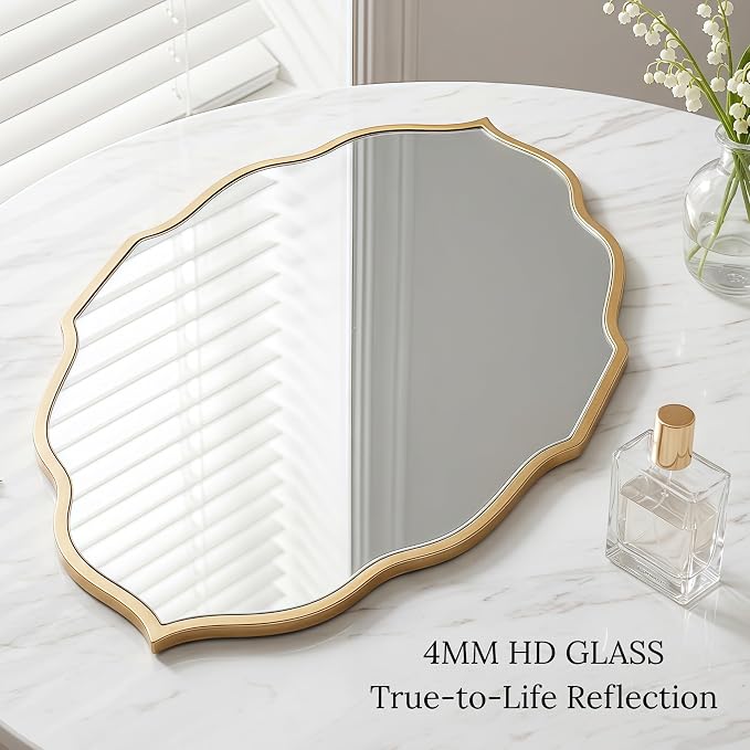 PERFNIQUE Gold Scalloped Wall Mirror, 32''×20'' Wavy Oval Mirror for Bathroom, Large Decorative Mirror for Entryway, Bedroom & Living Room, Hanging or Leaning