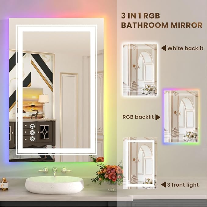 WTTY RGB LED Bathroom Mirror 28"x36" with Backlit and 3 Front Light,Stepless Dimmable LED Mirror for Bathroom,Lighted Bathroom Vanity Mirror for Wall,Anti-Fog,Memory Function,Shatter-Proof