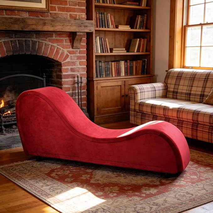 Red Ergonomic Curved Chaise Lounge Chair for Relaxing, Sofa Bench with Heavy-Duty Metal Frame & Removable Velvet Cover