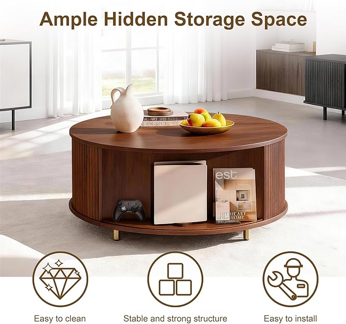 DHH Round Coffee Table, 31.5" Mid Century Modern Coffee Table with 360° Sliding Tambour Door, Fluted Accent Coffee Table with Storage Adjustable Footpads for Living Room (Walnut)