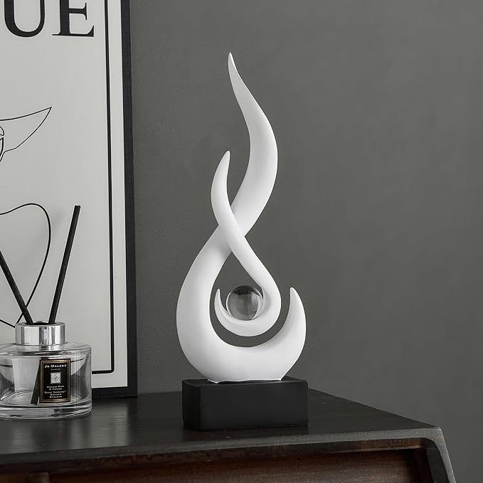 FJS White Decor Modern Flame Statue Home Decorations for Living Room, 11.8" H Resin Sculptures Home Décor Accents, Abstract Art Sculpture for Dining Room Office Coffee Table Centerpiece