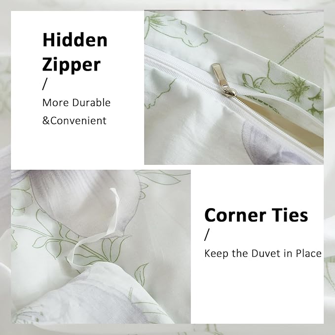 Floral Duvet Cover King Size 100% Cotton Reversible Green Floral Duvet Cover Set with Zipper Closure 3 Pcs Green Leaf Soft & Breathable Bedding Comforter Cover