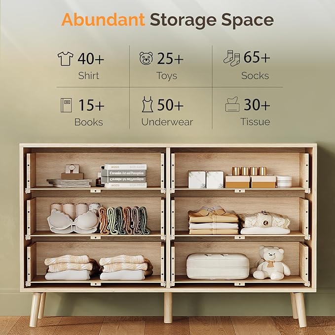 VINGIL 6 Drawer Rattan Dresser, Boho Chest of Dressers, Modern Wooden Dresser with Ample Storage, Rattan Chest of Drawers for Bedroom, Oak