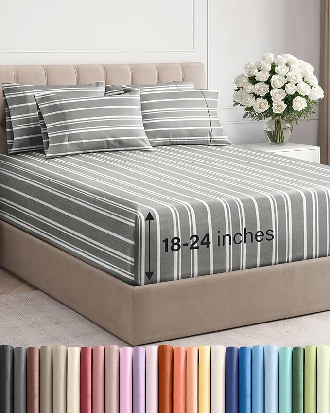Extra Deep Cal King Sheet Set - 6 Piece Breathable and Cooling Sheets - Hotel Luxury Bedding for Women, Men, Kids & Teens - Easy Secure Fit - Soft & Wrinkle Free - Extra Deep Pockets - Grey Stripes