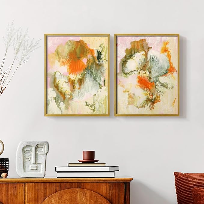 Renditions Gallery Set of 2 Peel & Stick Framed Prints, Modern Abstract Wall Art, Mix Color Oil Paint Design Wall Decor, Re-Stickable - Ready to Hang - 11"x14" - GOLD Frame LT588