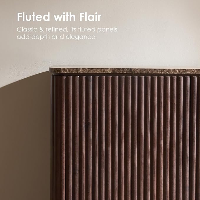 Fluted 4 Doors Sideboard Cabinet with Storage, 64" Wooden Credenza with Shelves, Faux Marble-Top Coffee Bar Console Table, Modern Buffet Cabinet for Dining, Kitchen, Living Room, Entryway, Dark Oak