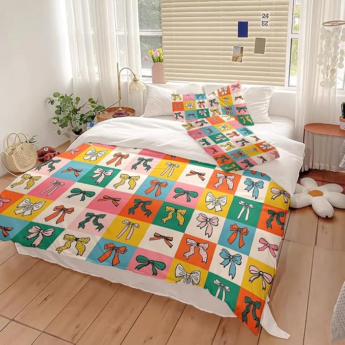 Cute Colorful Bow Bedding Set Queen Size Teal Green Blue Red Bow Comforter Covers Set for Kids Girls Women Trendy Coquette Preppy Room Decor Quilt Bed Cover Girly Bedroom Decor 88"x88"