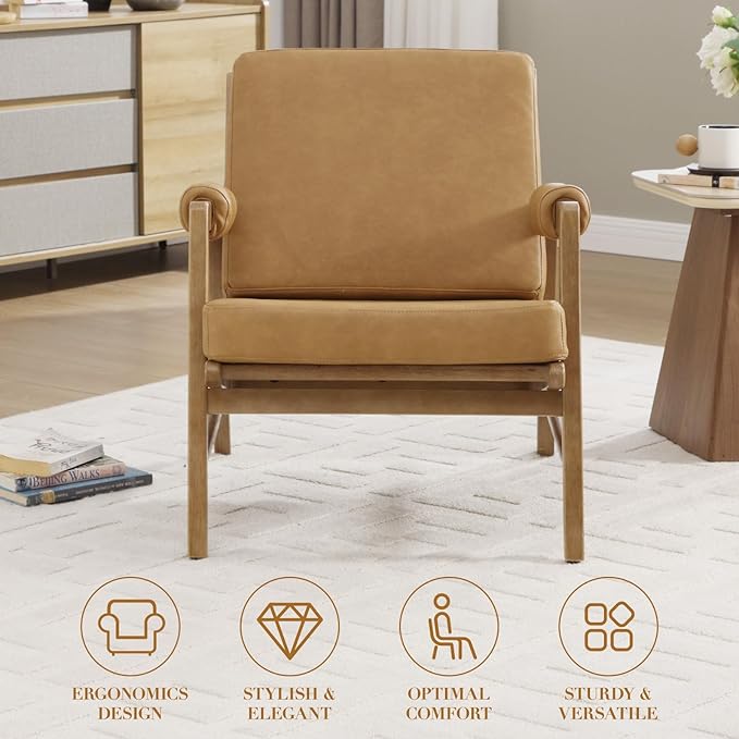 CIMOTA Mid Century Modern Accent Chair Set of 2, Leather Upholstered Living Room Chairs with Arms, Comfy Reading Chair with Solid Wood Frame, High Back for Bedroom, Waiting Room, Office, Brown