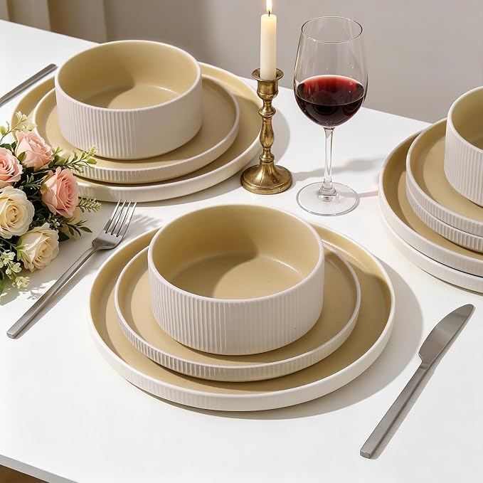 MONITO Ceramic Dinnerware Sets for 6, 18PCS Stoneware Plates and Bowls Sets, Reactive Glaze Dish Set, Chip and Scratch Resistant Double, Microwave and Dishwasher Safe, White Orange