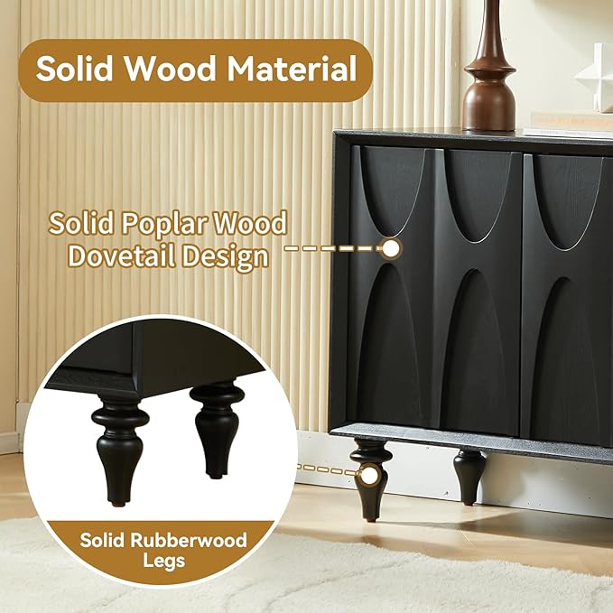 LKTART 62.99" Sideboard Buffet Cabinet with Storage, Solid Wood Kitchen Storage Cabinet Credenza Accent Console Table with Solid Wood Roman Legs Dovetail Door Trim Panel Ash Veneer,Black