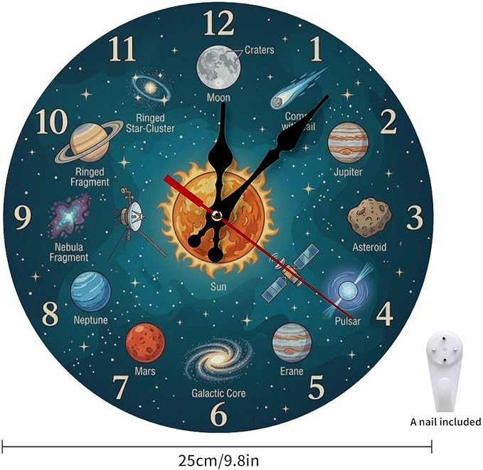 Solar System Galaxy Wooden Wall Clock Silent Non Ticking for Kids Room Decor & Office, 10/12 Inch Round Frameless Battery Operated Home Decor Gift