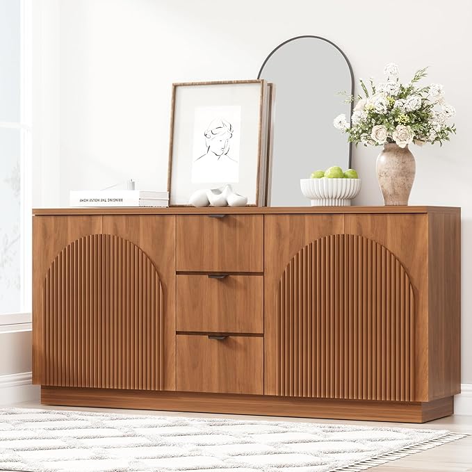 Yechen 67" Walnut Fluted Sideboard Buffet Cabinet with 4 Arched Reeded Design Doors &3 Drawers, Mid Century Modern Credenza Storage Cabinet with Adjustable Shelves, for Living Room Dinning Hallway