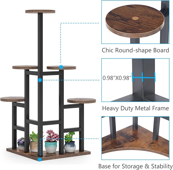 LITTLE TREE 6 Tiered Corner Plant Stand Indoor, Tall Plant Shelf Flower Stand Multiple Potted Plant Holder Rack for Living Room Balcony Garden, Rustic Brown