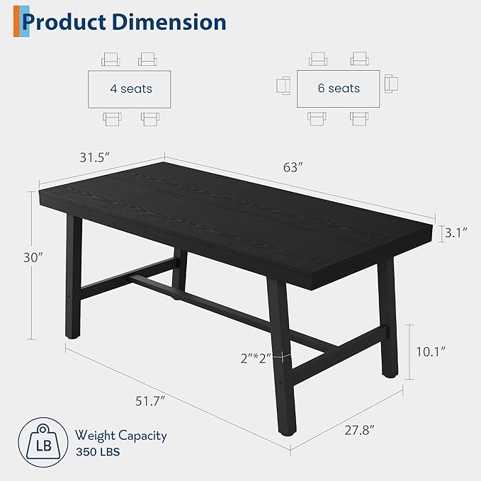 GarveeHome Industrial Dining Table for 4-6 People, 63" Long Wooden Kitchen Table with Sturdy Metal Frame & Black Finish - Seats 4 Rectangular Counter for Dinner, Kitchen, Dining Room - Black
