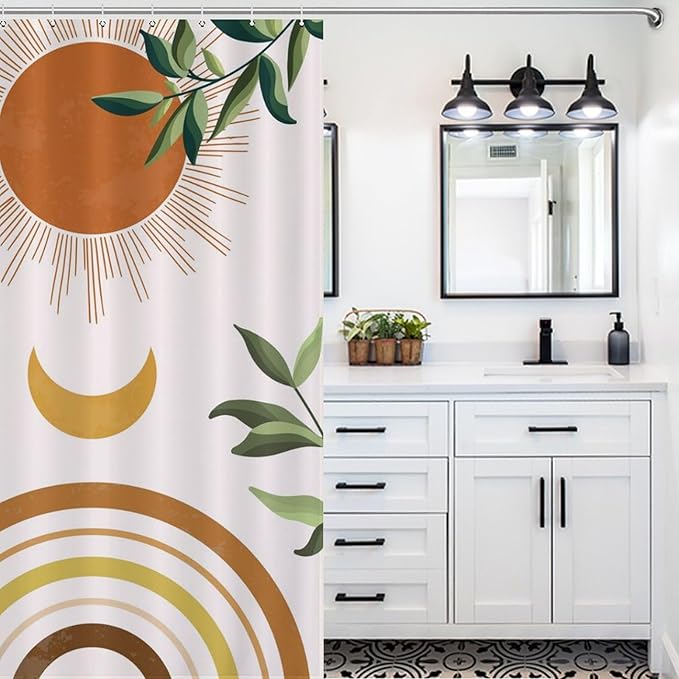 Boho Leaf Shower Curtains,Bohemian Modern Abstract Tropical Palm Leaves Plant Mid Century Summer Modern Bathroom Decor Set with Hooks,72x84Inch